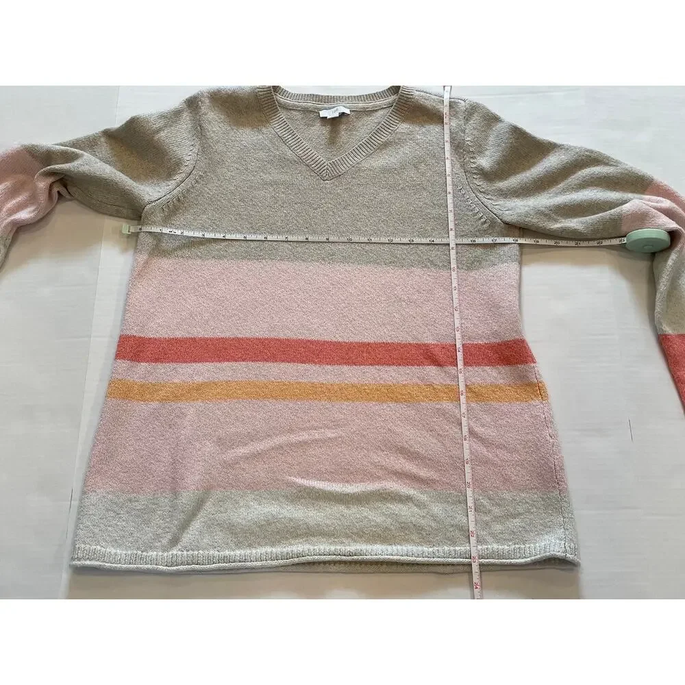 J. Jill Tan, Pink, Striped Long Sleeve V-Neck Sweater, Coastal, Size XS